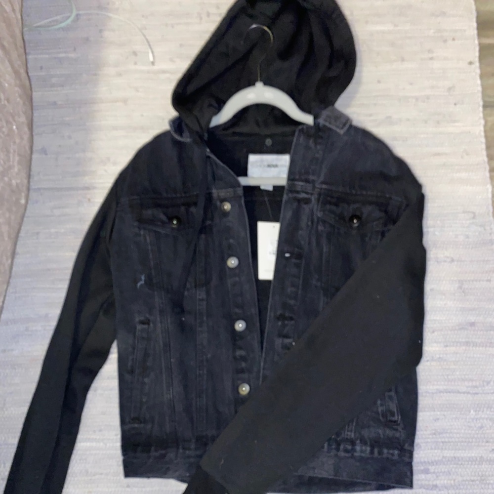 Black Denim Jacket w/ Sweatshirt Sleeves+Hood